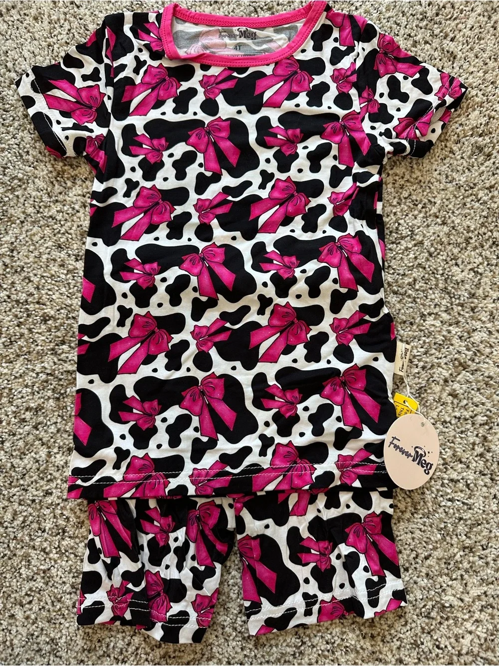 Kids Pink Bow Cow-Print Bamboo Pajama Set